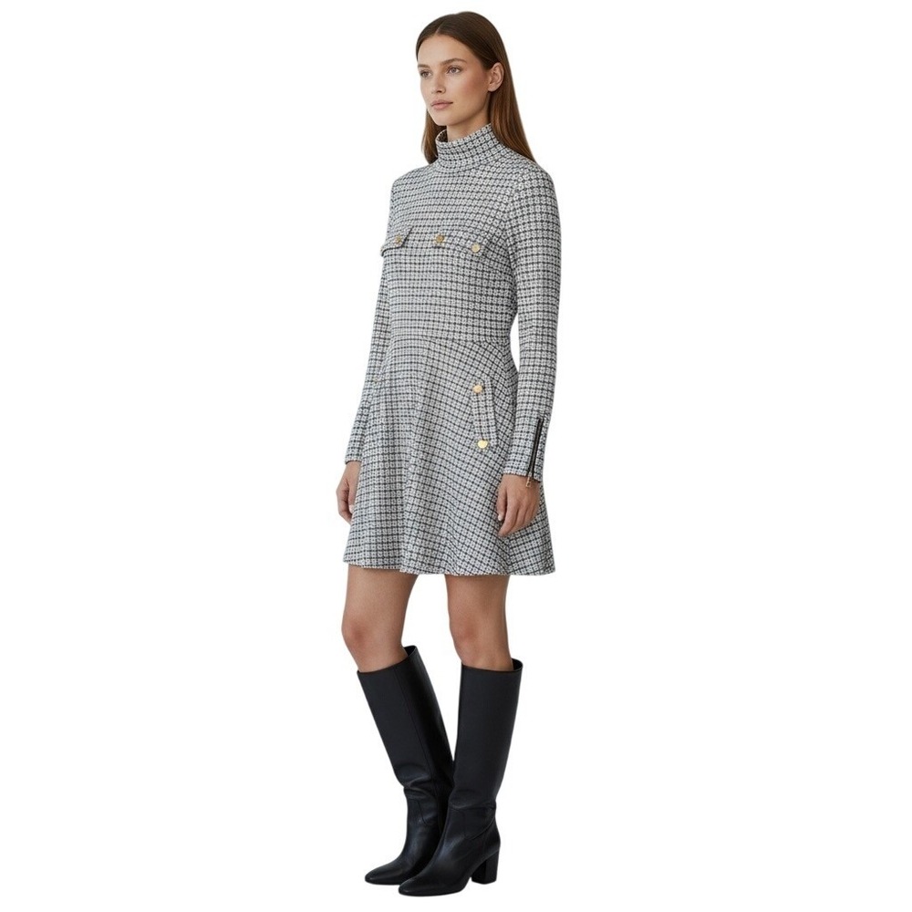 CBR Houndstooth Mini Dress Long Sleeve Fit Flare Zipper Trim Gold Button‎ Collar